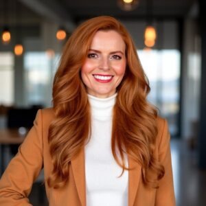 Women in sportscoat smiling while looking at camera