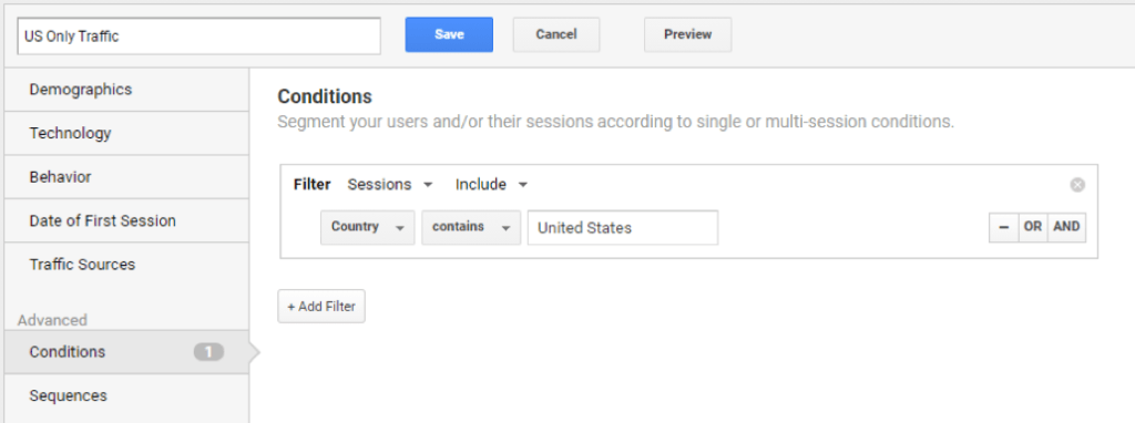Google Analytics country segment showing US only data