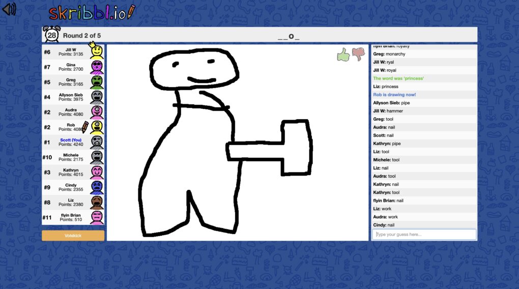 Screenshot of the team's online Pictionary game with a hand-drawn guess
