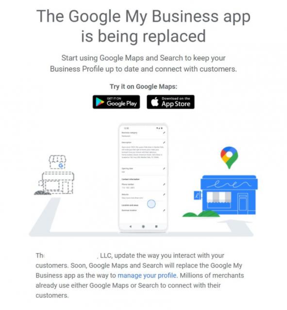 Google My Business app replacement notice