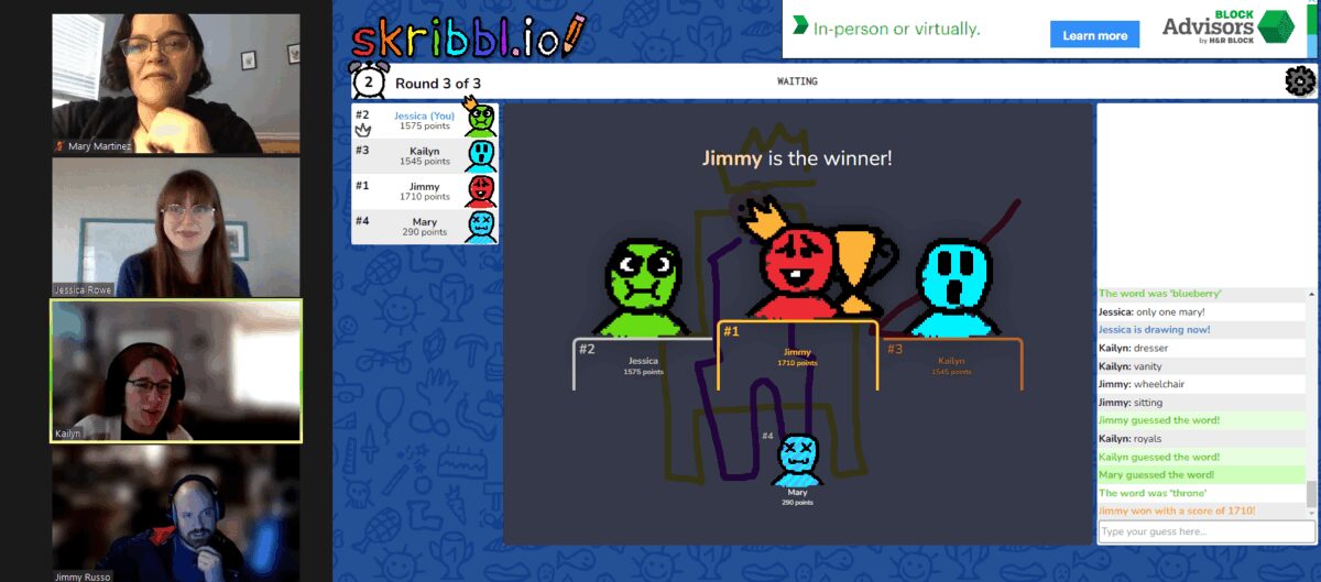 Content team playing an online drawing game over video call