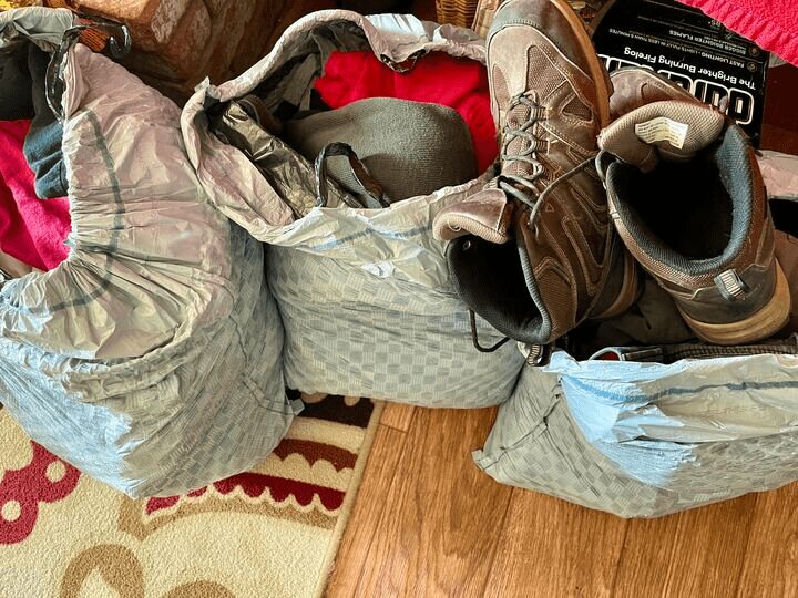 Bags of shoes and clothing gathered for donation