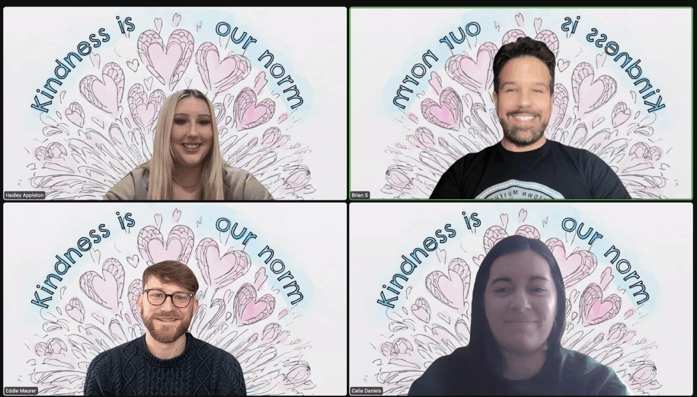 Four team members on a video call using Kindness Is Our Norm backgrounds