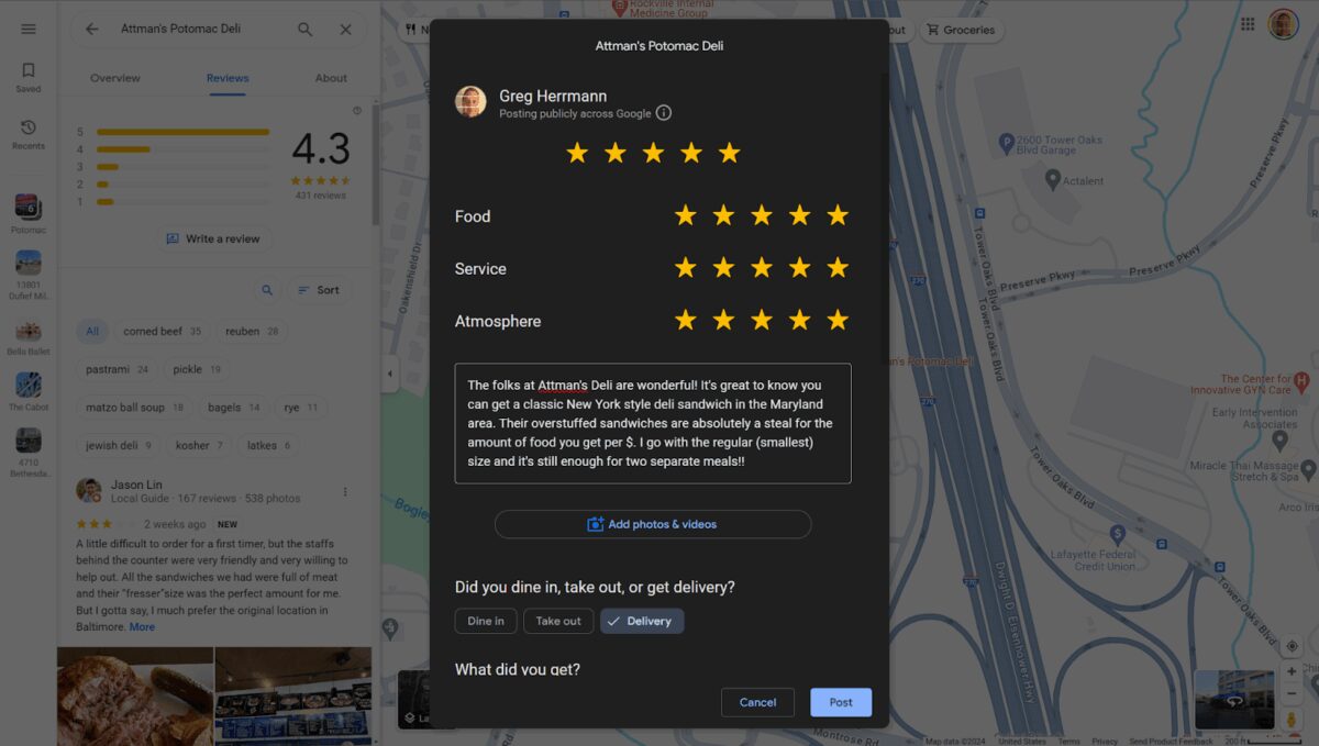 Screenshot of Greg Herrmann's five-star Google review of a local restaurant
