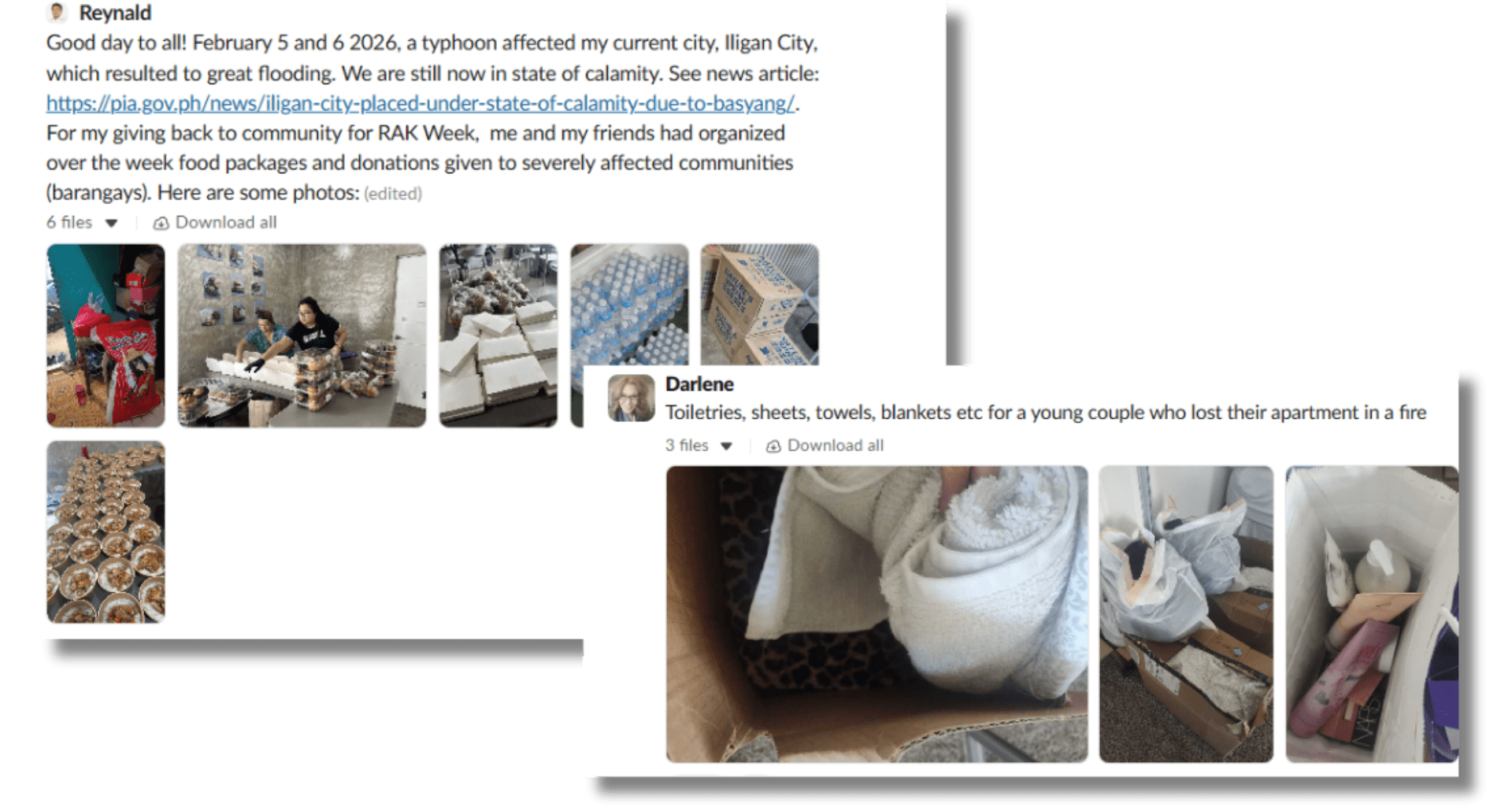 Slack message showing employee messages participating in RAK Week