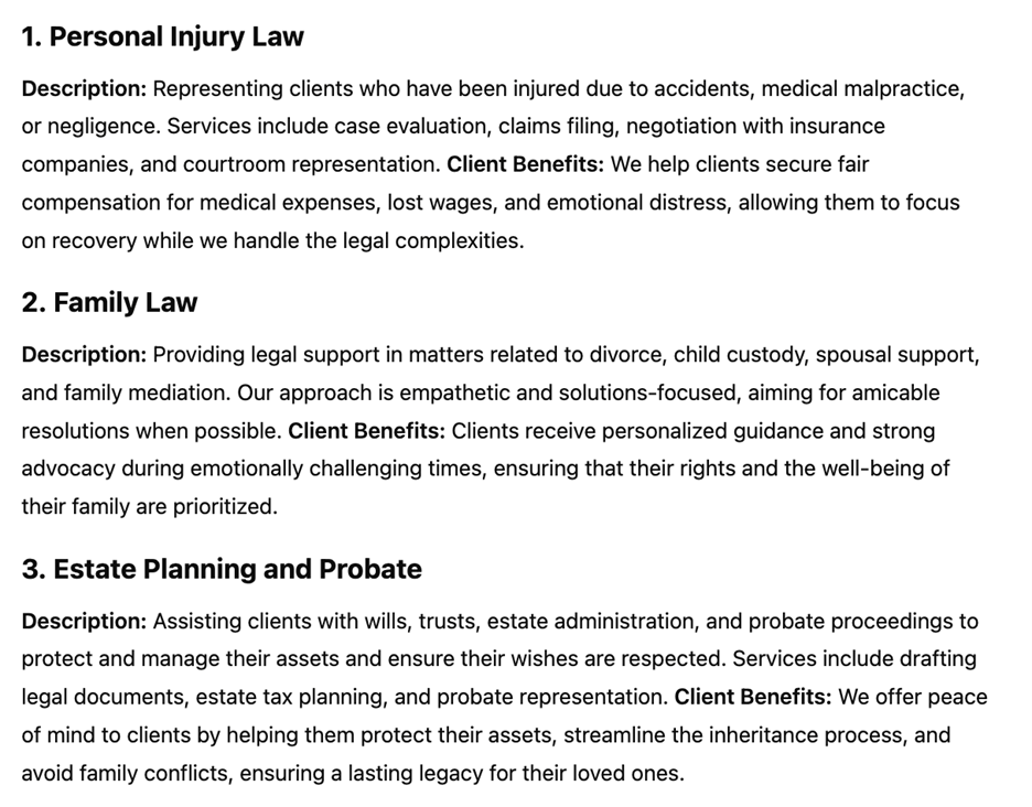 Example law firm legal services description covering personal injury, family law, and estate planning and probate